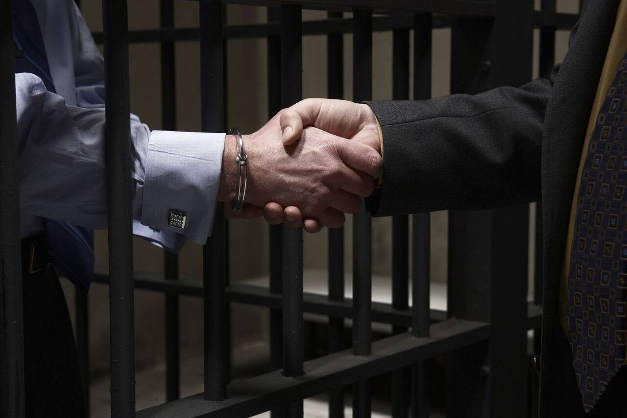 Two people shaking hands through a cell door