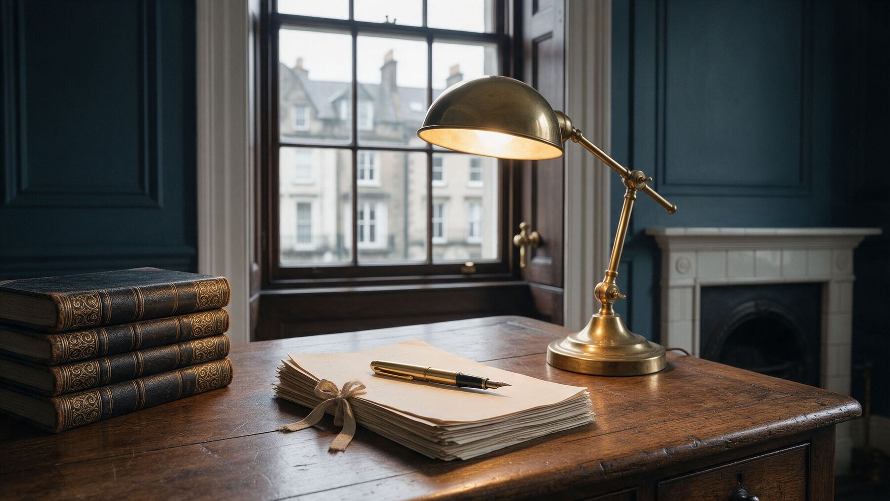 A solicitor's desk with law books, legal papers and a brass lamp beside a sash window
