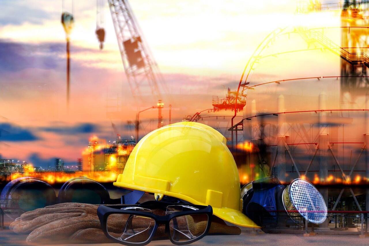 Hard hat on a construction site at sunset